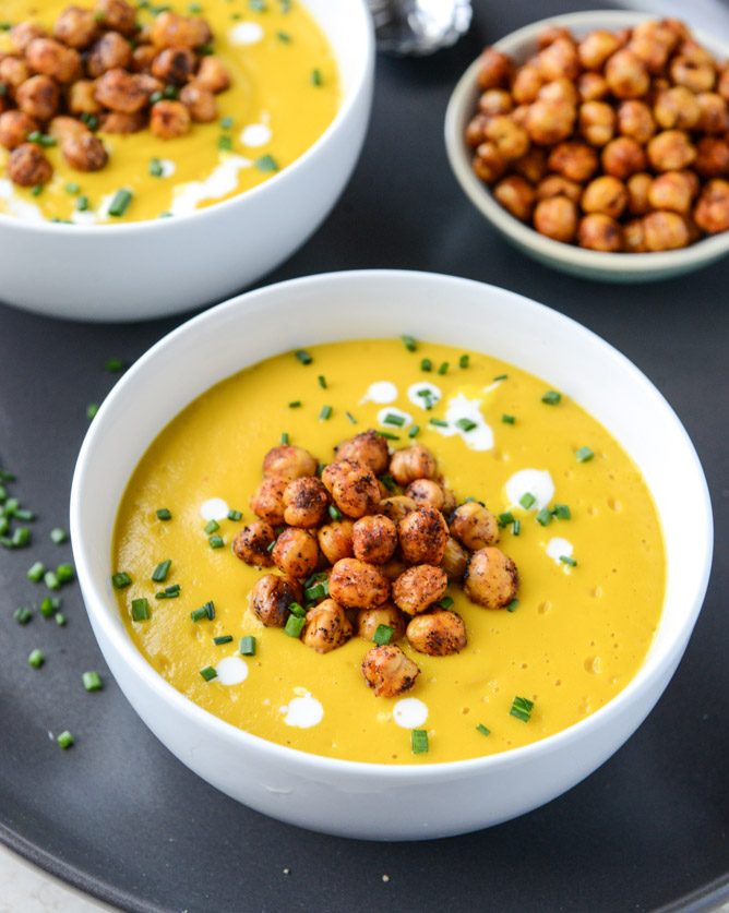 smoked gruyere butternut soup with spicy chickpeas I howsweeteats.com