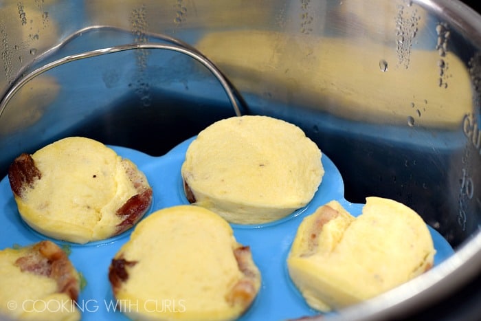 Puffy Instant Pot Bacon-Cheddar Eggs Bites after they have cooked © COOKING WITH CURLS