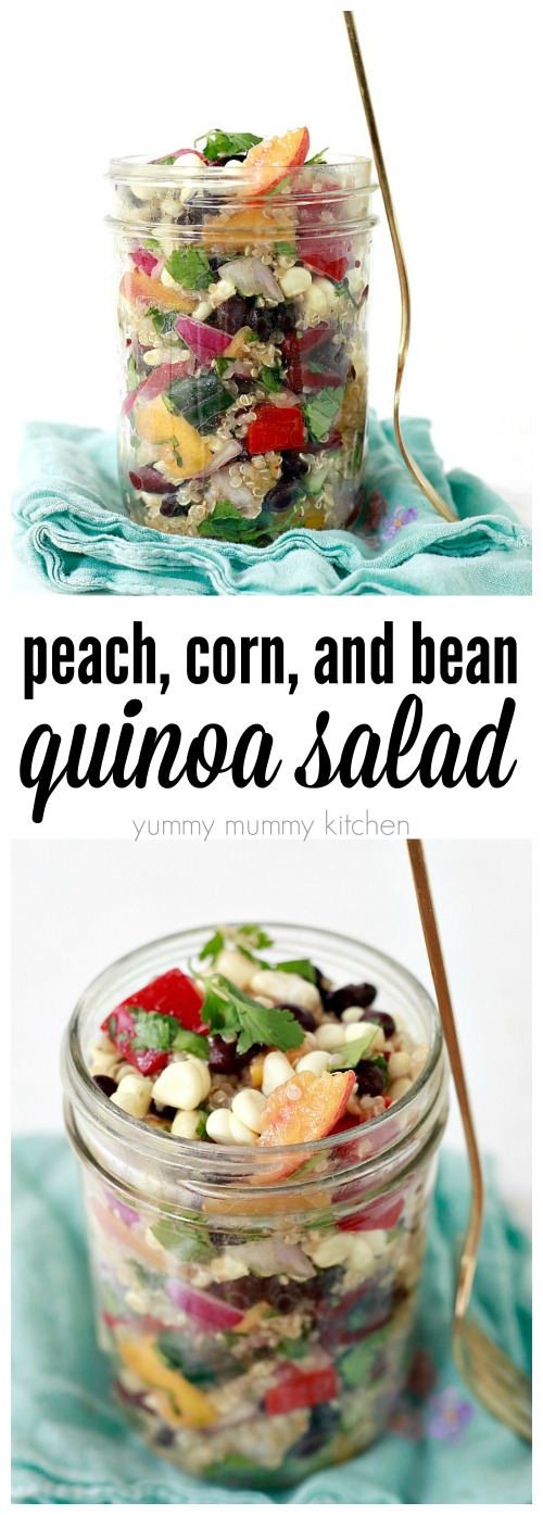 A delicious vegan quinoa salad with black beans, corn, and peaches. 