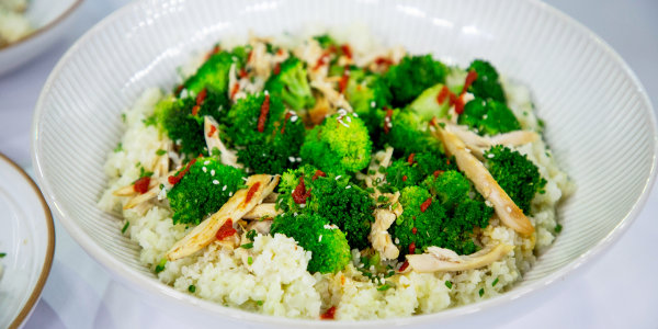 Coconut Cauliflower Rice with Coconut Chicken and Broccoli