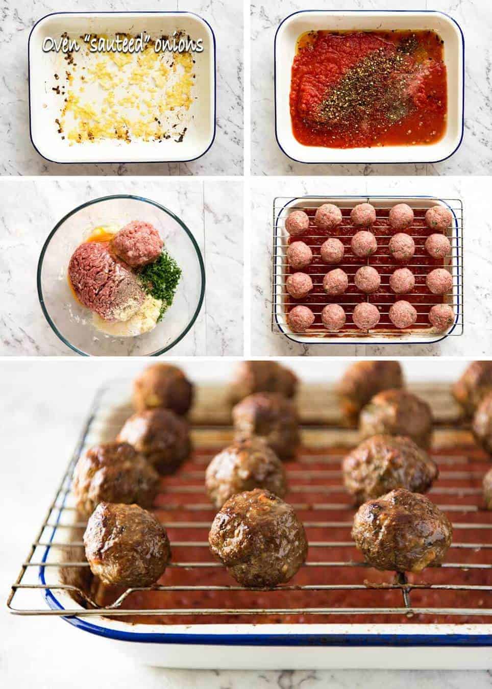 Both the Oven Baked Italian Meatballs AND sauce are made entirely in the oven! The meatballs are extra soft and juicy, and tomato sauce fantastic for pouring over pasta. www.recipetineats.com