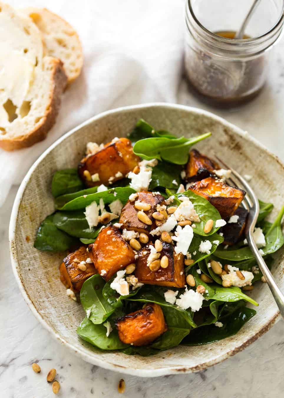This Roast Pumpkin, Spinach and Feta Salad with a Honey Balsamic Dressing is a magical combination. Terrific side or as a meal. www.recipetineats.com