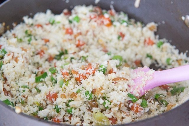 Fully Mixed Cauliflower Chicken Fried Rice in Nonstick Skillet