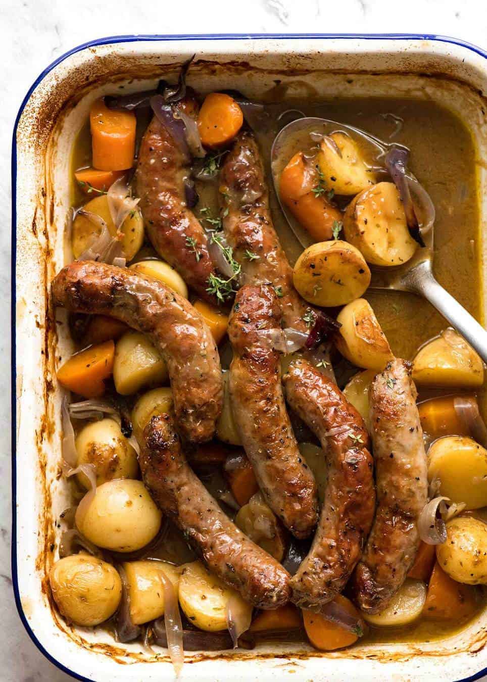 A Sausage Bake and Vegetables WITH Gravy, all made in one pan! Yes, that