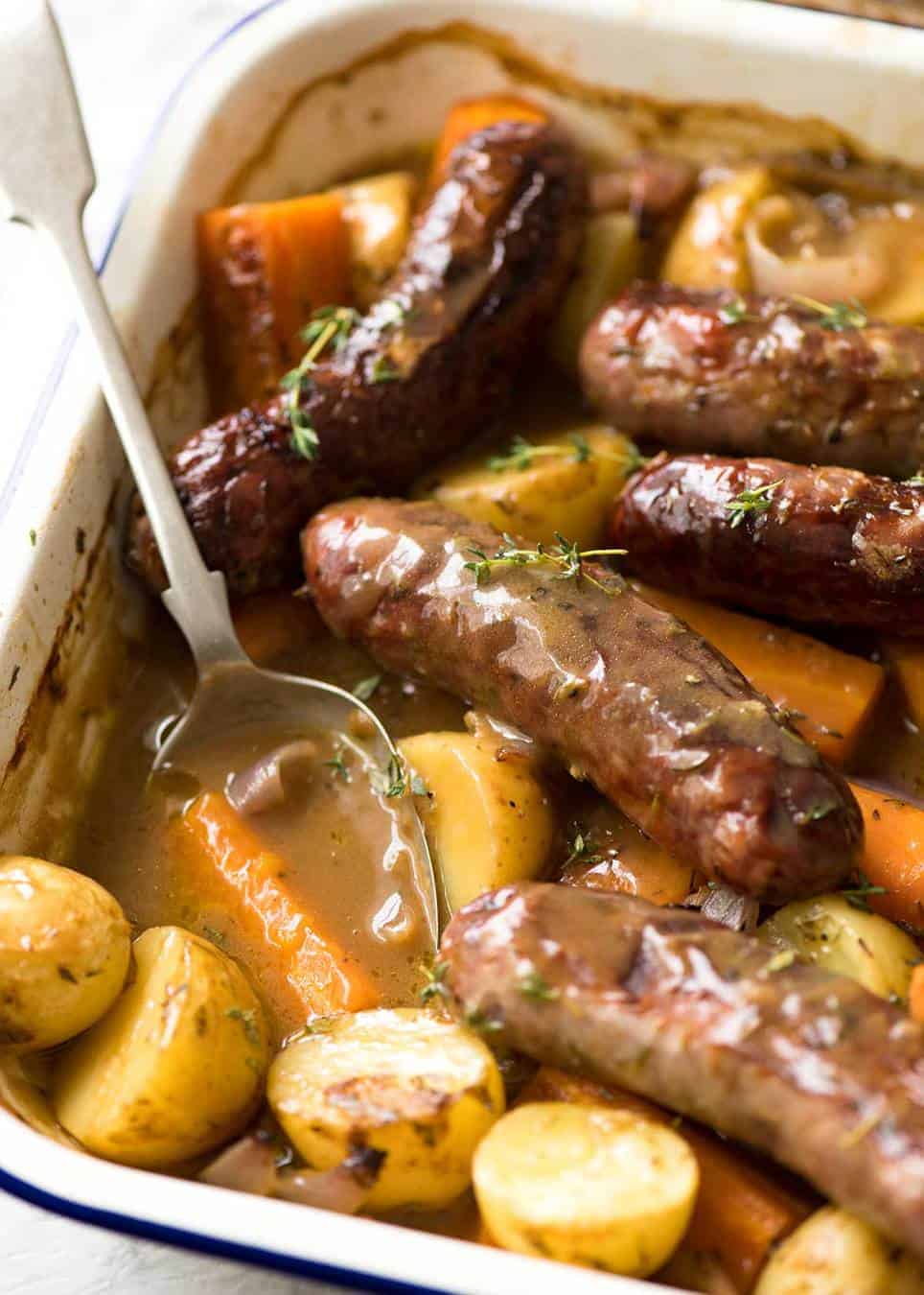 A Sausage Bake and Vegetables WITH Gravy, all made in one pan! Yes, that